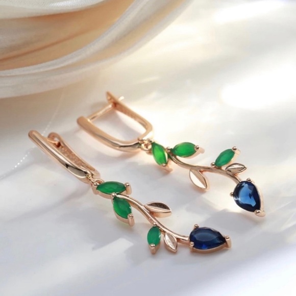 Natural Green and Blue Zircon Flower Drop Earrings 585 Rose Gold Plated New - Picture 4 of 8